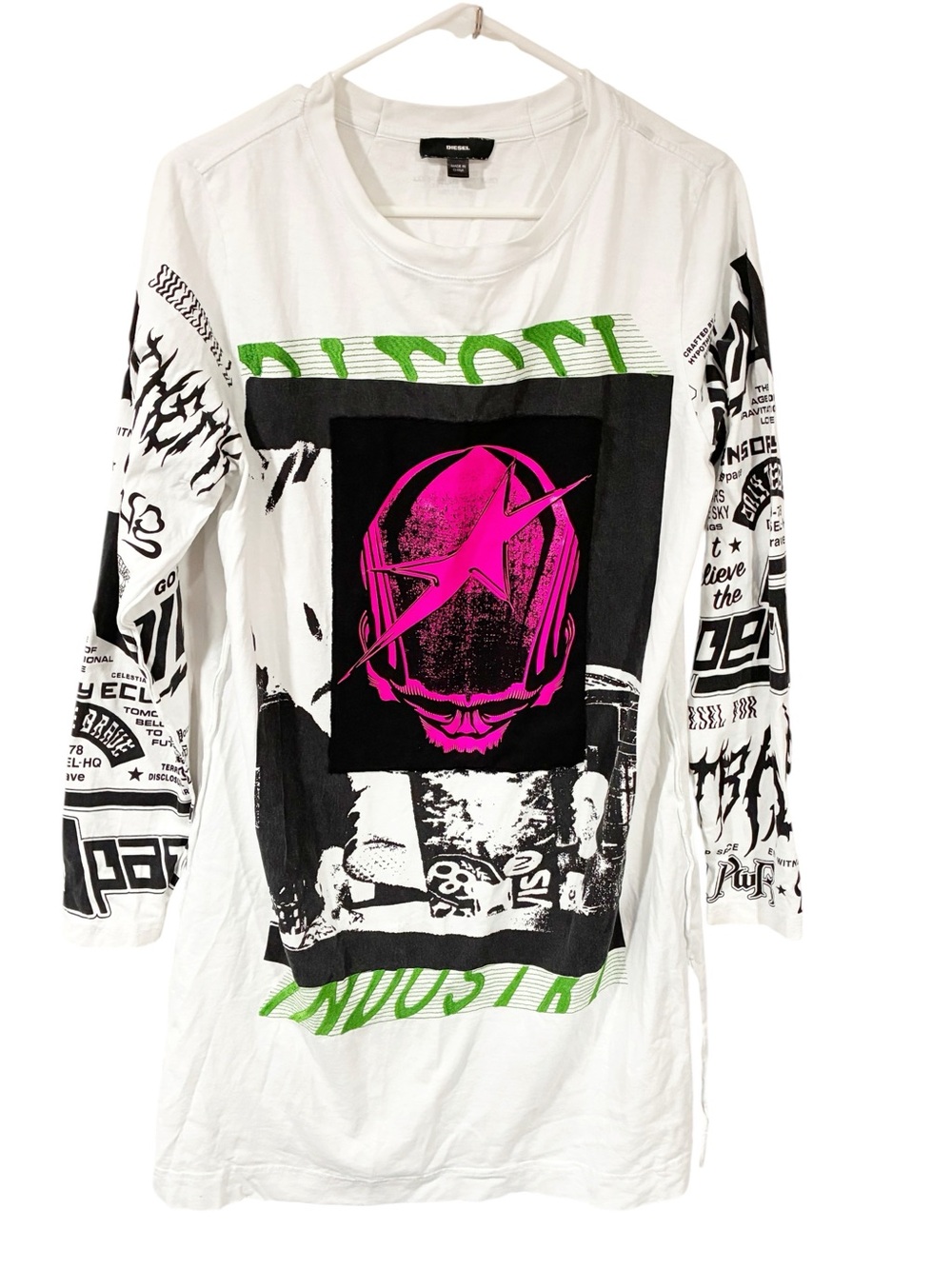 Diesel Women’s Neon White Graphic A Line Long Sleeve T-shirt Size Small